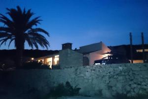 a house at night with a palm tree in front of it at Holiday House Rivi in Milna