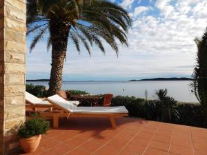 a patio with chairs and a palm tree and the ocean at Holiday House Rivi in Milna