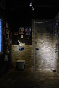 a bathroom with a glass shower with a toilet at Kwiat Śniegu DeLuxe in Nowe Bystre