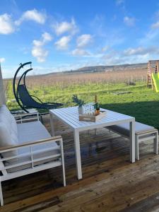 une table de pique-nique blanche et deux chaises sur une terrasse dans l'établissement Douceur champenoise, à Dizy