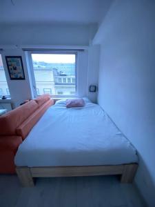 a bed in a room with a couch and a window at Lovely condo next to European Area in Brussels