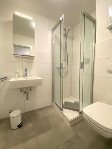 y baño con ducha, aseo y lavamanos. en Apartment Nr. 3 Bad Laasphe Altstadt, en Bad Laasphe