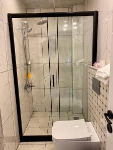 La salle de bains est pourvue d'une douche en verre et de toilettes. dans l'établissement Sahil One bedroom Apartment, à Mezitli