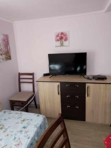 a living room with a television and a table and chair at Lovely studio in Dragoman with garden and garage in Dragoman