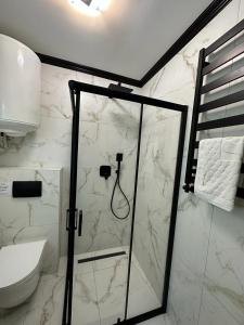 La salle de bains est pourvue d'une douche, de toilettes et d'une porte en verre. dans l'établissement Готельний комплекс Парламент, Яблуниця, à Yablunytsya