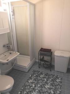 a bathroom with a shower and a toilet and a sink at Valoisa & tilava 3.krs kaksio, lasitettu parveke in Kouvola