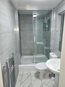 een badkamer met een douche, een toilet en een wastafel bij Lovely 2-Bed fully refurbished House in London in Londen