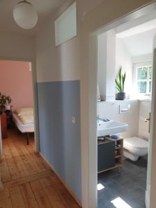 a bathroom with a sink and a toilet at Denkmal-Ferienhaus in Dresden-Hellerau mit Sauna und Kamin in Dresden