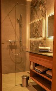 bagno con doccia e porta in vetro di Appartementhaus Bergkristall a Kartitsch