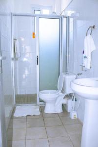 La salle de bains est pourvue de toilettes, d'une douche et d'un lavabo. dans l'établissement PahaliMzuri Kijani - 1 Bedroom Beach Apartment with Swimming Pool, à Malindi