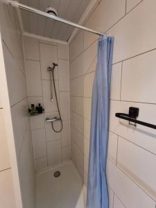 La salle de bains est pourvue d'une douche avec un rideau de douche bleu. dans l'établissement Discret and Quiet Place For you. Come and Enjoy, à Charleroi