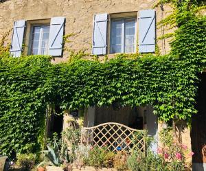 una casa cubierta de hiedra con una puerta y ventanas de madera en La maison Vigne Vierge, en Lagrasse