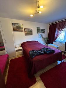 a bedroom with a bed with red sheets and a red rug at Apartment Skiptar in Sremska Mitrovica