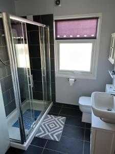 ein Badezimmer mit Dusche und Toilette und einem Fenster in der Unterkunft Modern One Bedroom Chalet with Central Heating in Bridlington