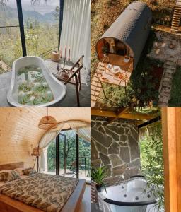 un collage de fotos con bañera y habitación en Woodhide - Cottages near Batumi, Georgia en Zeda Ch'khutunet'i