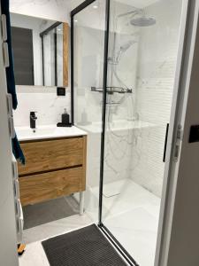 ein Bad mit einer Dusche und einem Waschbecken in der Unterkunft Coquette maison à 500 m de la plage du verdon à la couronne in Martigues
