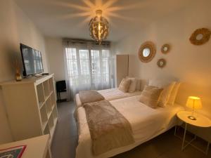 a bedroom with a large bed and a chandelier at Dream Apartments in Serris