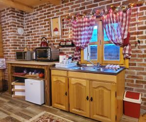 普拉夫的住宿－Holiday cottage & food Plav，厨房设有水槽和窗户。