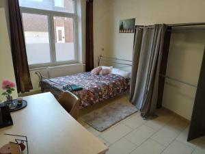 um pequeno quarto com uma cama e uma janela em Central and Quiet House in Charleroi em Charleroi