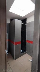 a bathroom with a shower with red and black tile at Central and Quiet House in Charleroi in Charleroi