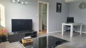 uma sala de estar com uma televisão de ecrã plano e uma mesa em Charmant et Spacieux Appartement em Le Pré-Saint-Gervais