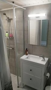 uma casa de banho com um lavatório e um chuveiro com um espelho. em GuestHouse Ikimetsä em Kuusamo