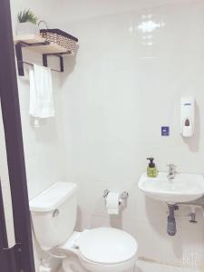 een witte badkamer met een toilet en een wastafel bij Hospedaje Casa Rosa Jardín in Jardin