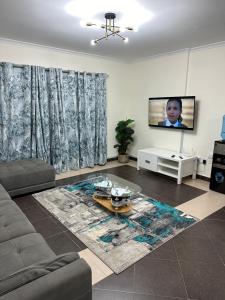 ein Wohnzimmer mit einem Sofa und einem Flachbild-TV in der Unterkunft Furnished 2 Bedroom Apartment in Lavington Nairobi in Nairobi