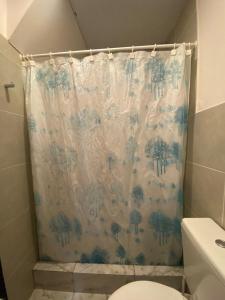 - Baño con cortina de ducha y aseo en Departamento Noa en Villa Gesell