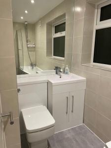 a bathroom with a toilet and a sink and a mirror at Newly renovated flat in Ashtead in Ashtead