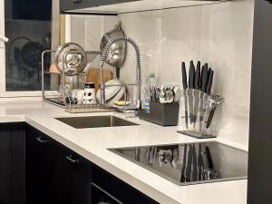 cocina con fregadero y encimera con utensilios en cozy 3 bedroom apartment dans republique en París