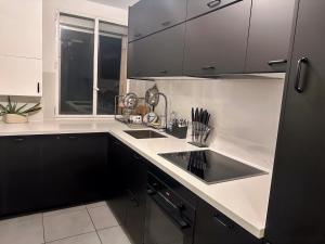 una cocina con armarios negros y fregadero en cozy 3 bedroom apartment dans republique en París