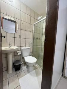 La salle de bains est pourvue de toilettes, d'un lavabo et d'un miroir. dans l'établissement Apartamento frente ao mar na praia do guaibim., à Guaibim