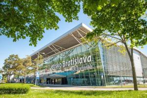 a building with a sign on the side of it at SkyNest B404 in Bratislava