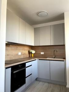 una cucina con armadietti bianchi e lavastoviglie nera di SkyNest B404 a Bratislava