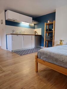 サン・バレリ・アン・コーにあるSous les toits de Saint Valery En Caux - situé sur le port de plaisance-のベッドルーム1室(ベッド1台付)、キッチン(はしご付)