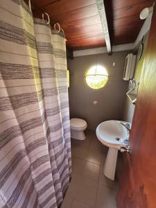 a bathroom with a sink and a toilet and a shower curtain at Habitación con baño privado y cama doble in Piriápolis
