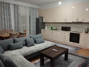 a living room with a couch and a kitchen at Alban Apartment in Tirana