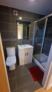 a bathroom with a toilet and a sink and a shower at Large Annexe Sleep upto 8 in Windsor