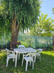 una mesa blanca y sillas frente a un árbol en El descanso en Santa Teresita