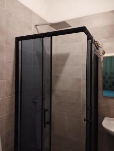 a shower with a glass door in a bathroom at Alban Apartment in Tirana