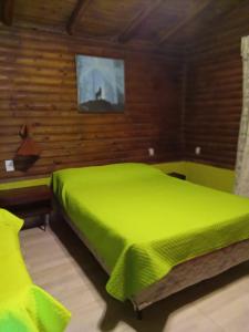 1 dormitorio con 1 cama verde y TV en Peumayen Cabañas en Villa Las Rosas