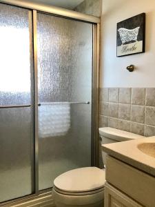 a bathroom with a shower with a toilet and a sink at Beachfront Vacation Rental On Lbi in Brant Beach +15 photos