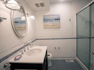 a bathroom with a sink and a toilet and a mirror at Large Ocean Side Home With Beautiful Views in Loveladies +13 photos