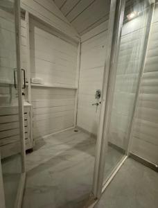 a bathroom with a walk in shower and a sink at Palolem Beach View Inn in Palolem