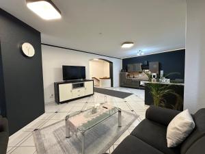 KM Apparts 2 Wesel في فيسيل: غرفة معيشة مع أريكة وتلفزيون