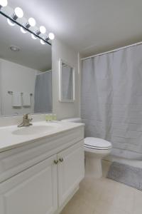 a bathroom with a sink and a toilet and a mirror at Convenient Airport Proximity: Apt in Crystal City in Arlington