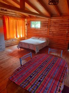 1 dormitorio con 2 camas y 1 alfombra en una cabaña en Cabaña Camila en El Bolsón