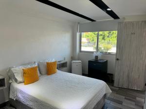 1 dormitorio con 1 cama con almohadas de color naranja y ventana en Hotel Daba Suites en Chilpancingo de los Bravos