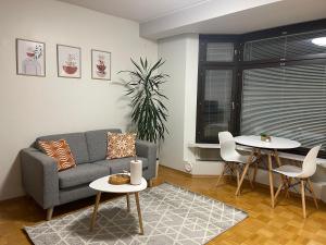 uma sala de estar com um sofá e uma mesa em Puma's central flat in Helsinki em Helsinque